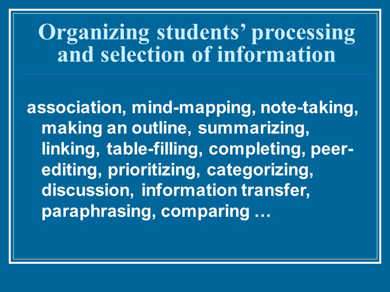 Organizing students’ processing and selection of information association, mind-mapping, note-taking, making an outline, summarizing,